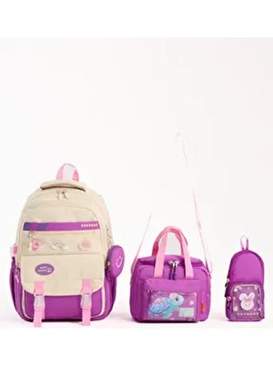 Kore Tarzı Aksesuarlı 3'lü Kız Çocuk Okul Çantası & Beslenme ve Kalemlikli Ilkokul Sırt Çantası