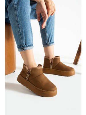 Navi Shoes Kadın Süet Kalın Topuklu Kürklü Kısa Bot Bağcıksız Rahat Tasarım Taba