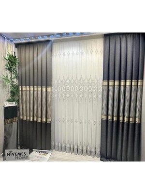 Nivemeshome Milano 4014 Gümüş Detaylı  1/3 Sık Pileli Tül Perde Apm
