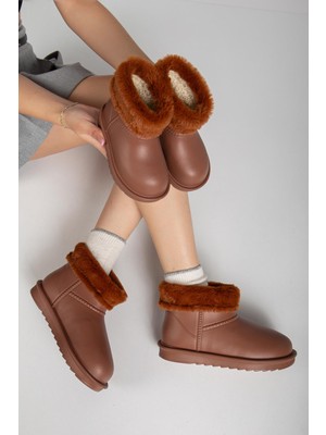 Pabuçland Su Geçirmez Içi Komple Kürklü Anne Kız Ev Botu Suni Deri Taba Renk Günlük Kullanım