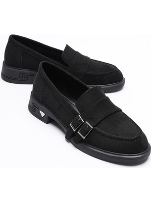 Mubiano Kadın Süet Loafer Platin Tokalı Siyah Viva