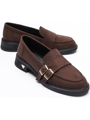 Kadın Süet Loafer Gold Tokalı Kahve Viva