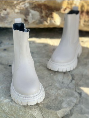 Surpie Shoes Lastik Detaylı Çocuk Bot Bej Renk Bağcıklı Fermuarlı Düz Topuklu Rahat Kullanım