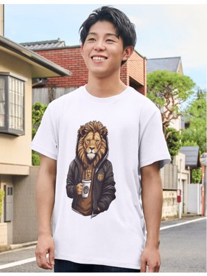 Alpşan Ticaret Aslan Baskılı Çocuk Yetişkin Beyaz T-Shirt Lion Unisex Çocuk Tişört