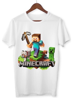 Alpşan Ticaret Mınecraft Çocuk Yetişkin Beyaz T-Shirt Unisex Çocuk Tişört