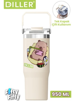 Vagonlife Dıller Tumbler Kapibara 950 ml Tek Kapak Çift Kullanım Pipetli/pipetsiz Taşıma Kulplu Çelik TERMOS-FFDILLERD9358