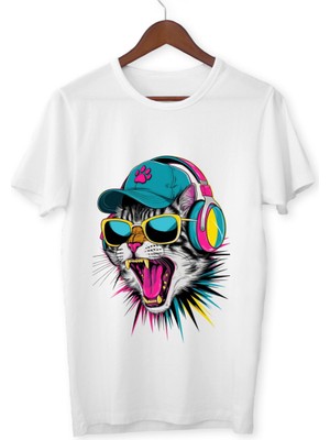 Kedi Baskılı Çocuk Yetişkin Beyaz T-Shirt Cat Unisex Çocuk Tişört