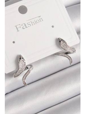 Bfs Pirinç Gümüş Renk Zirkon Taşlı Yılan Model Kadın Küpe