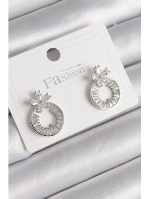 Bfs Pirinç Gümüş Renk Zirkon Taşlı Halka Model Çiçek Figür Kadın Küpe