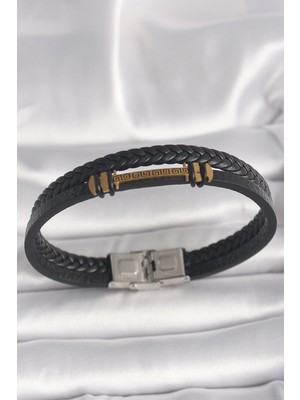 Bfs 316L Çelik Gold Renk Zikzak Işlemeli Aksesuarlı Çift Sıra Burgu Desenli Deri Kordon Erkek Bileklik