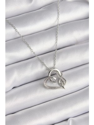 Bfs 316L Çelik Gümüş Renk Zincir Zirkon Taş Detaylı Kalp Model Sonsuzluk Detay Kadın Kolye