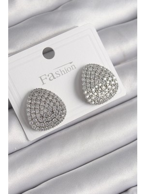 Bfs Pirinç Gümüş Renk Zirkon Taşlı Plaka Model Kadın Küpe