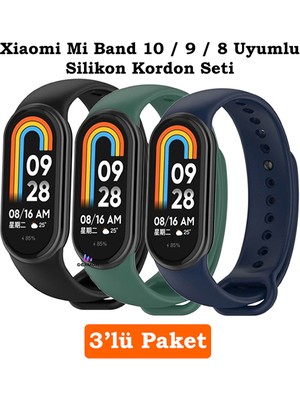 Xiaomi Mi Band 8 Mi Band 9 Mi Band 10 Uyumlu 3lü Paket Silikon Kordon Bileklik Metal Pimli