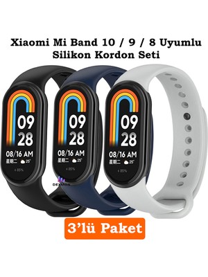 Xiaomi Mi Band 8 Mi Band 9 Mi Band 10 Uyumlu 3lü Paket Silikon Kordon Bileklik Metal Pimli