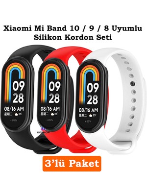 Xiaomi Mi Band 8 Mi Band 9 Mi Band 10 Uyumlu 3lü Paket Silikon Kordon Bileklik Metal Pimli
