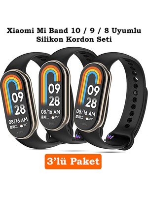 Xiaomi Mi Band 8 Mi Band 9 Mi Band 10 Uyumlu 3lü Paket Silikon Kordon Bileklik Metal Pimli