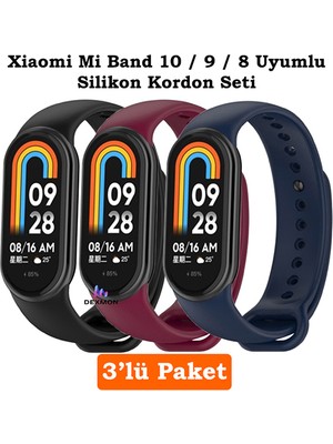 Xiaomi Mi Band 8 Mi Band 9 Mi Band 10 Uyumlu 3lü Paket Silikon Kordon Bileklik Metal Pimli
