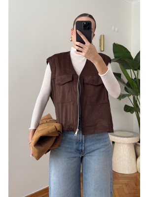 Önü Cepli Tasarım Fermuarlı Yelek- Taba