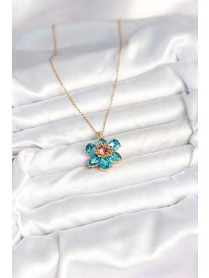 Zarif Kadın Için Golden Çelik Zincir Mavi Çiçek Kolye