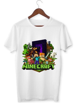 Mınecraft Çocuk Yetişkin Beyaz T-Shirt Unisex Çocuk Tişört