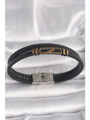 Bfs 316L Çelik Gold Renk Kanat Aksesuarlı Siyah Burgu Model Deri Kordon Erkek Bileklik