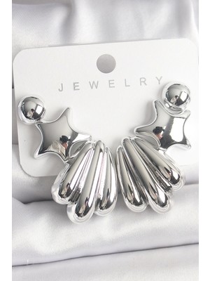 Bfs Gümüş Renk Yıldız Deniz Kabuğu Model Ccb Plastik Kadın Küpe Seti