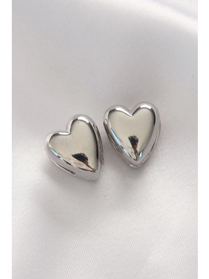 Bfs Pirinç Gümüş Renk Minimal Bombeli Kalp Küpe