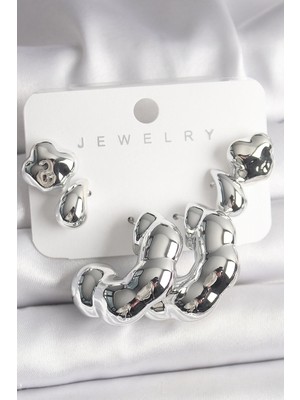 Bfs Gümüş Renk Yonca Damla Halka Model Ccb Plastik Kadın Küpe Seti