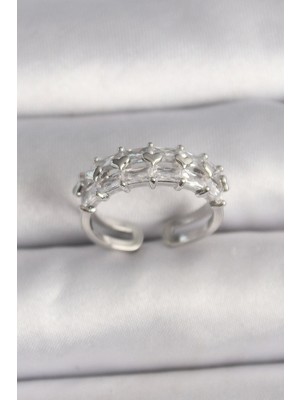 Bfs Pirinç Gümüş Renk Zirkon Taşlı Ayarlanabilir Yüzük