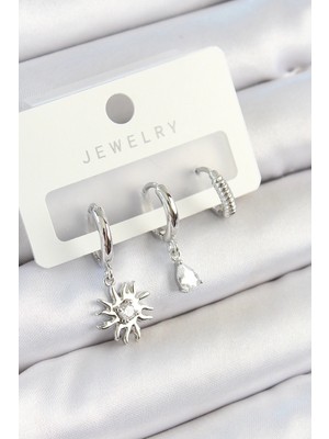 Bfs Pirinç Zirkon Taşlı Güneş Model Gümüş Renk 3'lü Çift Kadın Küpe Set