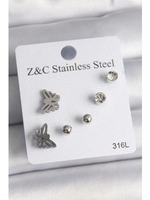 Bfs 316L Çelik Gümüş Renk Zirkon Taşlı Kelebek Model Kadın Küpe Seti