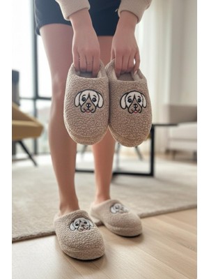 Ft 102 Köpek Nakışlı Kadın Ev Terliği Peluş Terlik Çeyiz ve Bohça Terliği Ses Yapmaz Kalın Taban