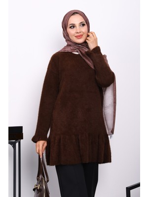 Kahverengi Volanlı Angora Yumoş Triko Tunik