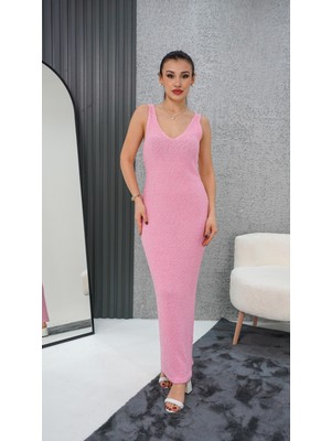 V Yaka Bürümcük Elbise Toz Pembe