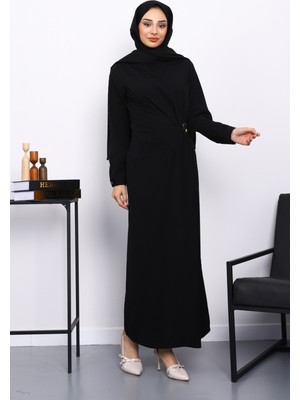 İmaj Butik Siyah Önü Drapeli Tokalı Krep Elbise