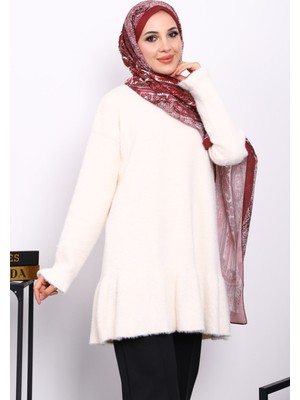 Krem Volanlı Angora Yumoş Triko Tunik