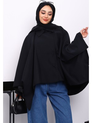 Siyah Düğmeli Astarlı Panço Trençkot