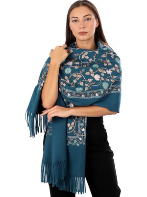 Petrol Mavi Nakışlı Kışlık Şal
