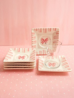 6’lı Çay Bardağı Altlığı Seti Pembe Fiyonk Seramik El Yapımı Zarif Tasarım Misafirlik Çay Tabakları