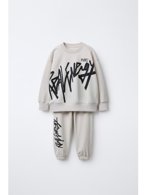 Erkek Çocuk Pamuklu Graffiti Baskılı Sweatshirt ve Eşofman Alt Takım
