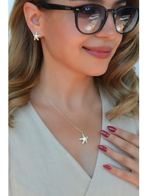 Sacce Scarves & Accessories Zirkon Deniz Yıldızı Kolye Küpe Takımı – 14K Gold Kaplama