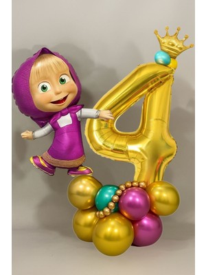4 Yaş Lisanslı Büyük Boy Maşa ile Koca Ayı Balon Seti Maşa Balon Doğum Günü Gold Rakam Balon Set