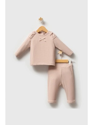 Tongs  Kız Bebek 2'li Takım Pudra Renk Tasarım Omuz Detaylı Alt Üst Takım