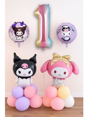 1 Yaş Kuromi ve My Melodi Balon Set Doğum Günü Balon Seti Gökkuşağı Rakam Helyum Uyumlu Uçan Balon