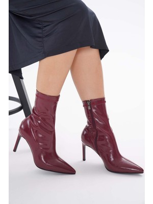 Bordo Cilt Streç 8.5 cm Orta Boy Kadın Topuklu Bot