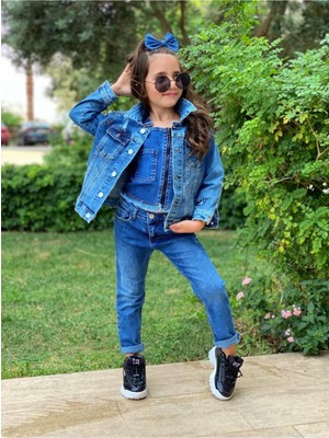 Kız Çocuk Kot Pantolon / Kot Ceket / Kot Bluz 3'lü Takım