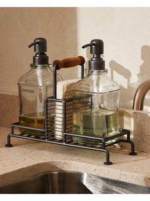 Modern Cam Ikili Sıvı Sabunluk & Deterjanlık Seti (450 Ml) – Metal Standlı