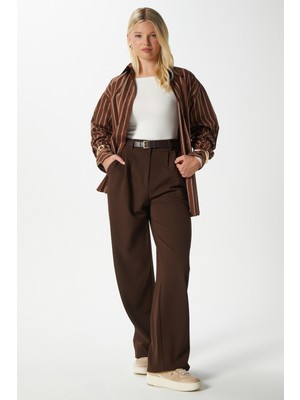 Likra Serisi Flex Bel Lastikli Esnek Kahverengi Palazzo Pantolon