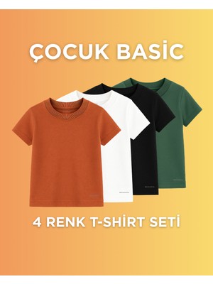 Çocuklar Için 4 Renk Tişört Seti – %100 Pamuk – Siyah Beyaz Yeşil Kiremit
