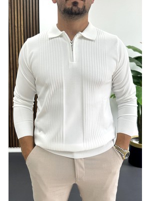 Erkek Çizgi Desenli Normal Kalıp Kazak Beyaz EDW422